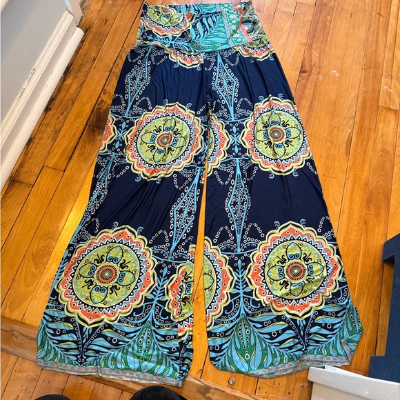 Pants - Boho Mandala Print Wide Leg Palazzo Pants - Navy & Multi